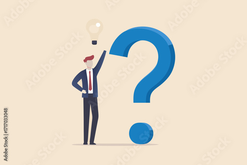 Businessman holding a light bulb over a giant question mark symbolizing problem solving and finding solutions