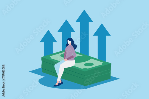 Woman sitting on stack of money with upward trending arrows representing financial growth and success