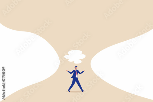 Businessman standing with a thought bubble above his head contemplating ideas and opportunities