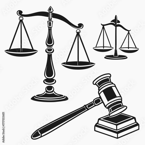 Justice scales and judge's gavel silhouette Keywords: justice, law, legal, court, scales of