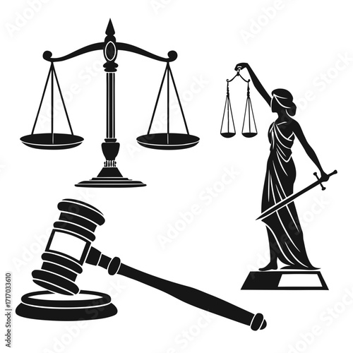 Justice symbols scales gavel and lady justice silhouette Keywords: justice, law, legal, court