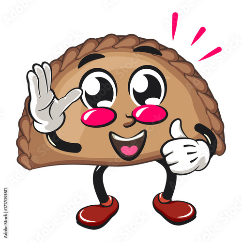 cute empanada mascot character vector illustration wave hand and give a thumbs up sign, work of hand drawn