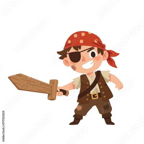 a child wearing an eye patch, a ragged vest, and a red bandana, brandishing a toy wooden sword forward with a mischievous grin