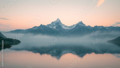 Wallpaper Mural Mist veils the base of snowcapped mountains reflected in a calm lake at dawn, painting a dreamy landscape with soft colors and a sense of ethereal beauty Torontodigital.ca