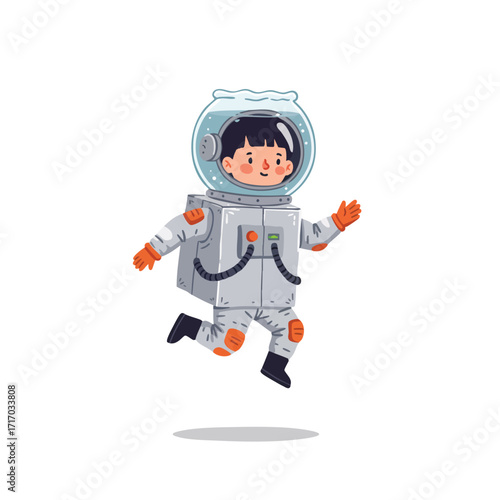  a child wearing a homemade astronaut costume from a silver-painted cardboard box and a fishbowl helmet, bouncing slowly as if on the moon,