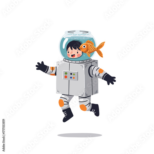  a child wearing a homemade astronaut costume from a silver-painted cardboard box and a fishbowl helmet, bouncing slowly as if on the moon,