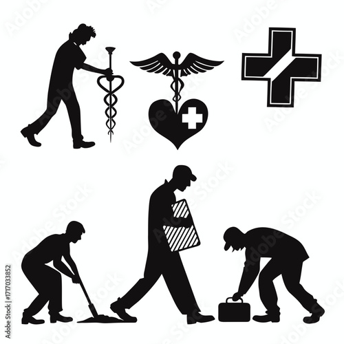 Medical professionals and symbols in silhouette healthcare