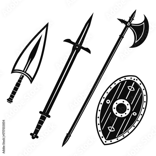 Medieval Weaponry and Shield Silhouette Set Keywords: medieval, weapon, shield, axe, spear