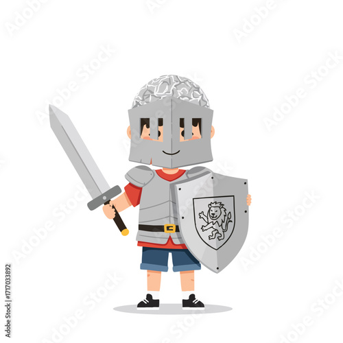 a boy wearing a cardboard helmet and aluminum foil armor, holding a shield with a self-drawn lion crest