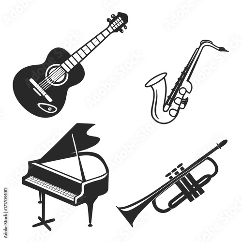 Musical instruments including guitar piano saxophone trumpet
