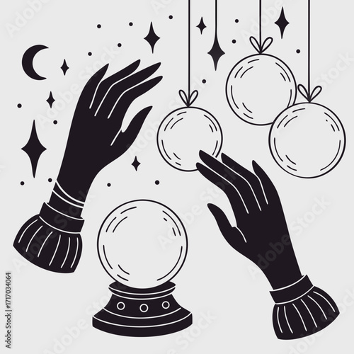 Mystical Hands and Crystal Balls with Moon and Stars