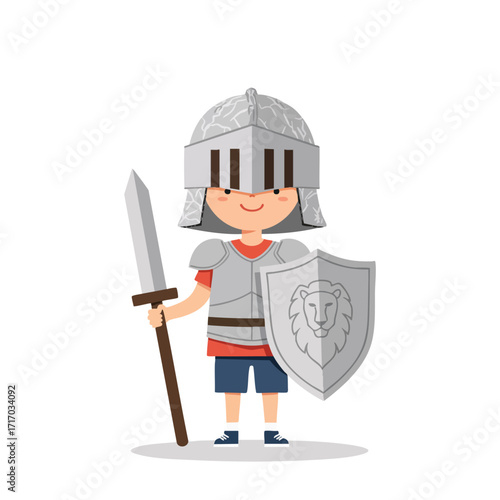 a boy wearing a cardboard helmet and aluminum foil armor, holding a shield with a self-drawn lion crest