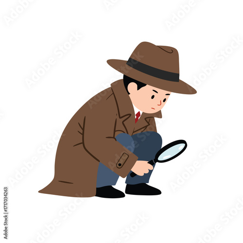 a child wearing a fedora hat and an oversized brown trench coat, squatting and examining the floor with a magnifying glass