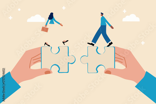 Two hands connecting puzzle pieces creating a bridge for people to cross symbolizing teamwork and collaboration