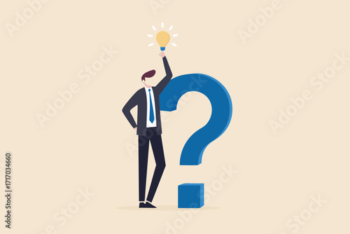 Businessman holding a glowing light bulb above a giant question mark representing a brilliant idea or solution