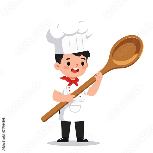 a boy wearing a tall chef's hat and a white apron, brandishing a large wooden spoon as if it were a trophy