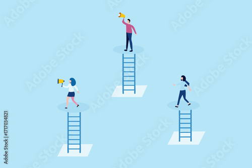 Diverse group of people climbing ladders and using megaphones to communicate ideas and achieve success