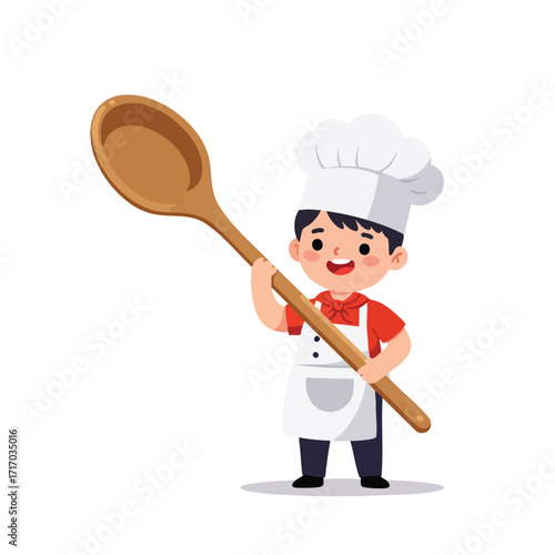 a boy wearing a tall chef's hat and a white apron, brandishing a large wooden spoon as if it were a trophy