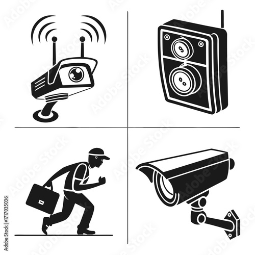 Security camera and suspicious person icons cctv surveillance