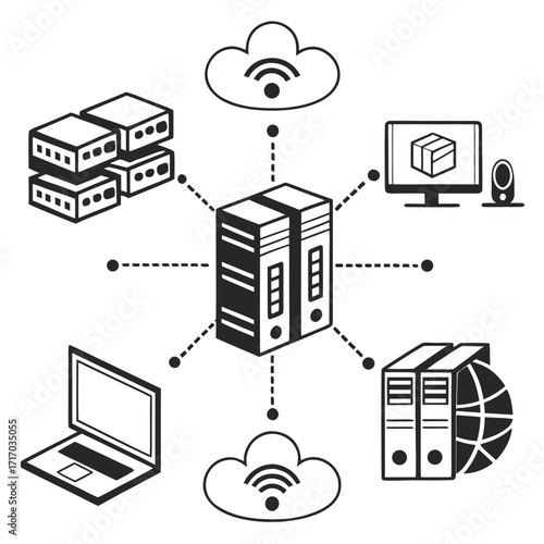 Server network diagram with cloud and devices computing