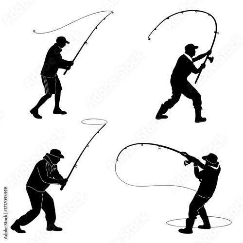 Silhouette Set of Fishermen with Bent Fishing Rods