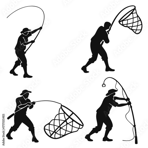 Silhouette Set of Fishermen with Fishing Nets fisherman