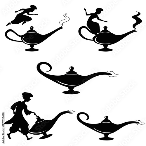 Silhouettes of Magic Lamps and Genies fantasy legend
