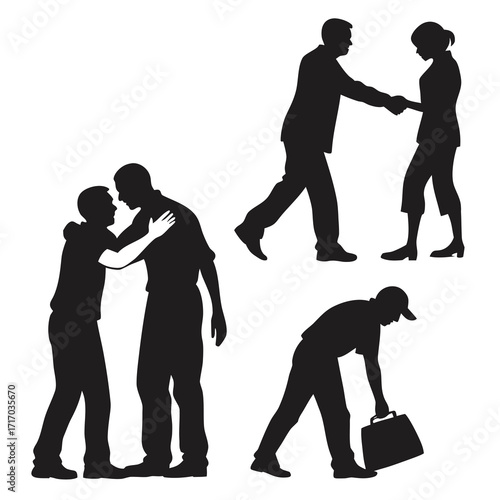 Silhouettes of people in different social and work interactions Keywords: silhouette, people