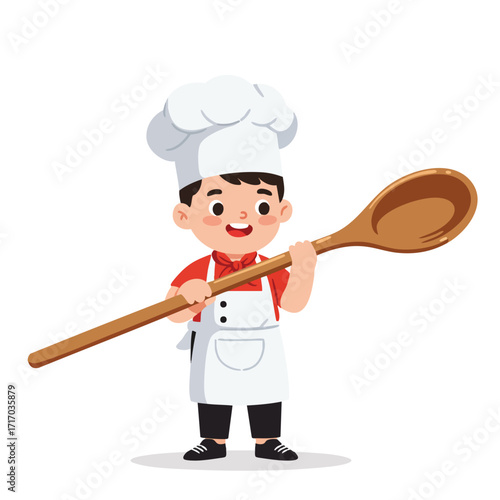 Cartoon illustration of a smiling professional chef in a uniform and hat holding a spoon, ladle, and pan in a restaurant kitchen
