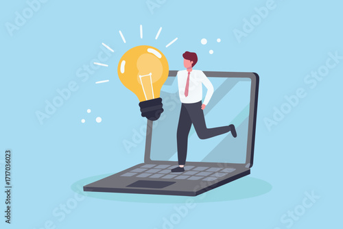 Businessman running out of a laptop screen holding a glowing light bulb representing a new idea
