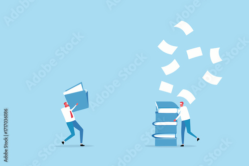 Two businessmen interacting with books and flying papers representing knowledge and information exchange