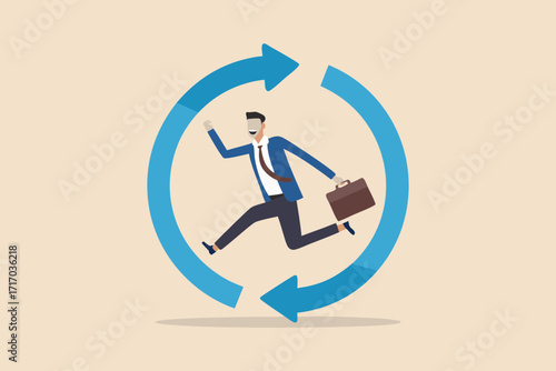 Businessman running in a continuous cycle of arrows representing business process or daily routine