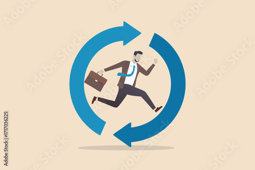 Businessman running in a circular arrow loop representing business cycle or repetitive tasks