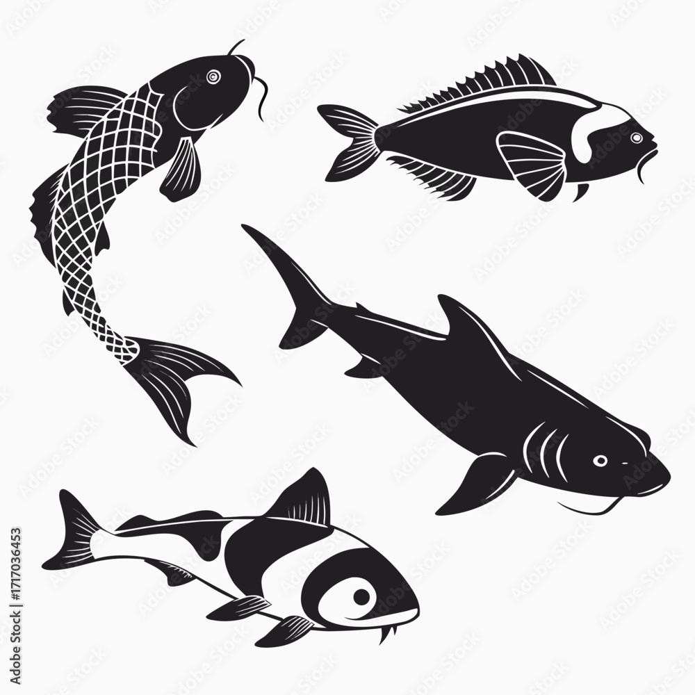 Fototapeta premium Stylized Silhouettes of Four Different Fish carp clownfish