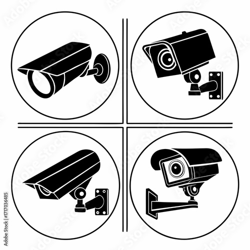 Surveillance camera icons in circles security cctv