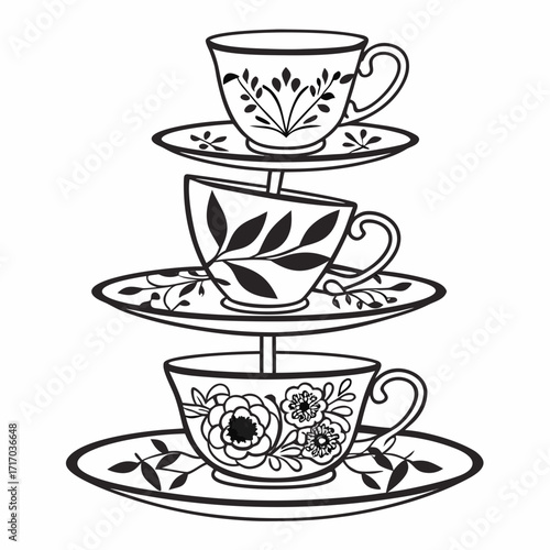 Tiered Stand of Floral Teacups and Saucers Line Art