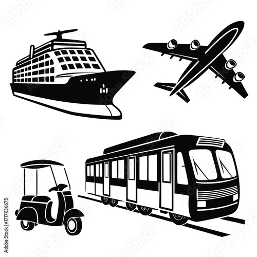 Transportation Icons with Cruise Ship, Airplane, Train, Tuk- Tuk Keywords: airplane, aircraft