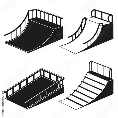 Variety of skate park ramps and obstacles in silhouette
