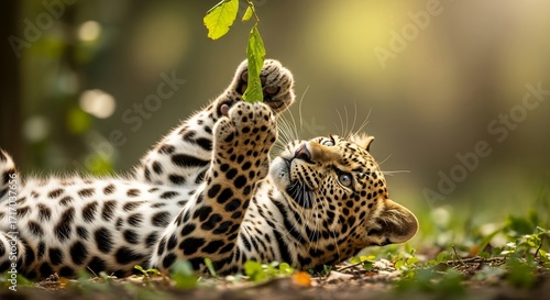 Leopard Cub Lying on Ground Playing with Leaf in Natural Forest Environment