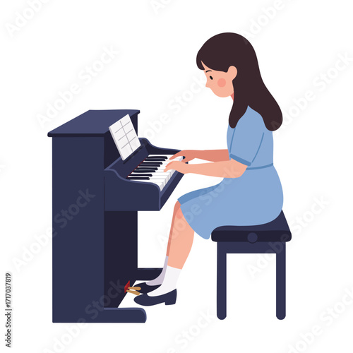 a girl in a blue dress, sitting upright at a piano bench, her fingers gently pressing the keys of a toy piano