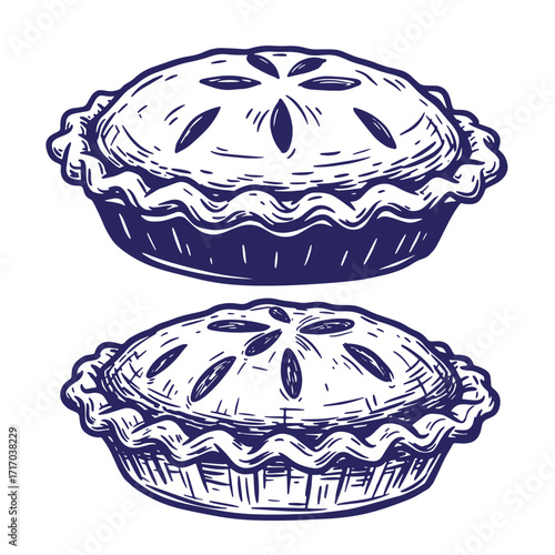 Two delicious hand drawn apple pies illustration showing a top down vintage style with intricate details