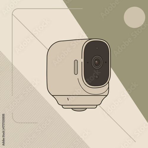 Modern Security Camera Illustration with Clean Lines and Geometric Background