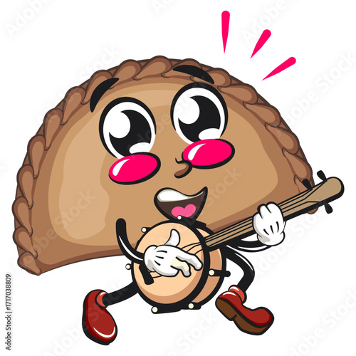 cute empanada mascot character vector illustration playing the banjo musical instrumen, work of hand drawn