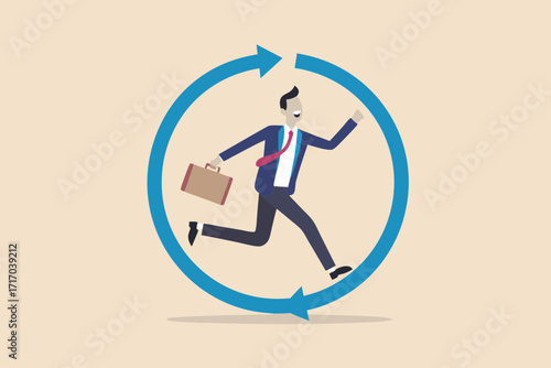 Businessman running in a circular arrow representing a cycle of work and repetition