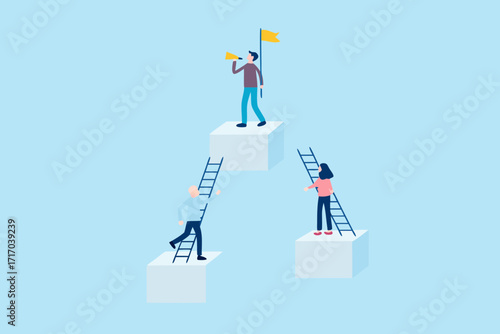 Diverse team members climbing ladders towards a leader with a megaphone and flag symbolizing success and goals