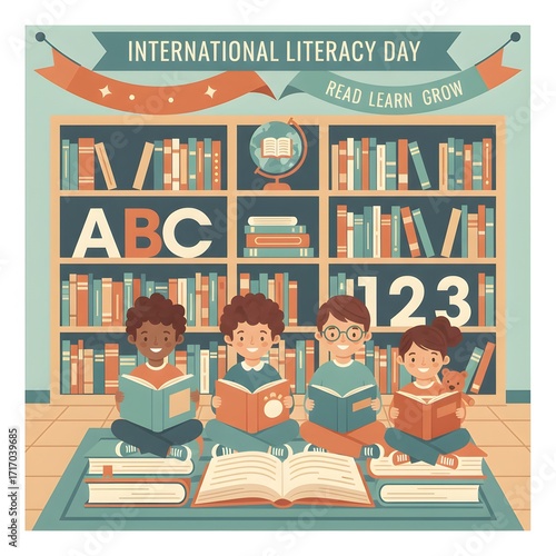 Happy diverse children sitting on the floor reading books together, celebrating the importance of education, knowledge, and growth