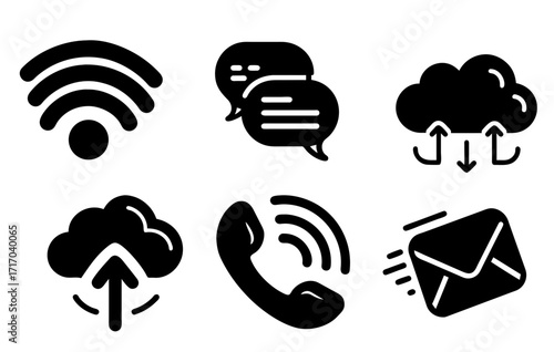 Modern Communication Icons: A collection of meticulously crafted, high-contrast, and easily recognizable icons showcasing various facets of communication, perfect for digital interfaces.