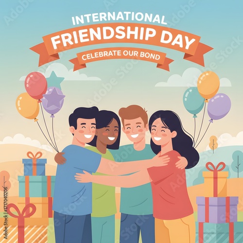 Happy International Friendship Day illustration celebrating the joy and connection of friendship with diverse people hugging surrounded by gifts and balloons