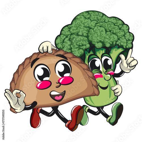 cute empanada mascot character vector illustration with a broccoli character while giving oke sign, work of hand drawn