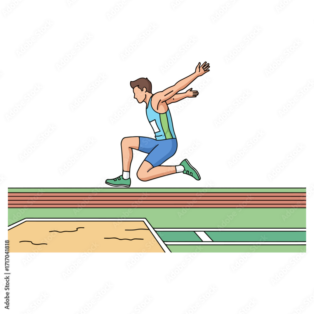 Obraz premium Athlete in mid-air performing a long jump competition.